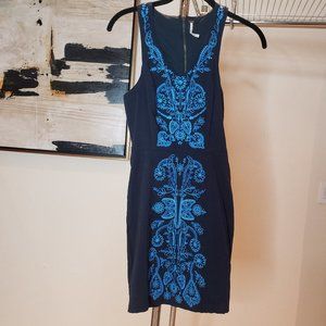 Free People Blue and White Embroidered V-Neck Dres